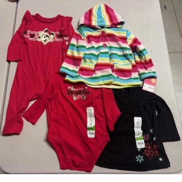 Girls 4 Pc Minnie Mouse Christmas Jumpsuit, Cardigan Sweater & 2 Tops 12 mths - Picture 1 of 7